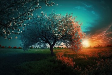 Fototapeta na wymiar Autumnal twilight on a blossoming springtime field. Generative AI