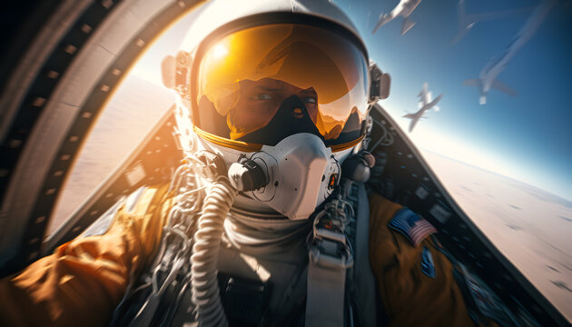 Fighter pilot cockpit view, sun light. Generation AI