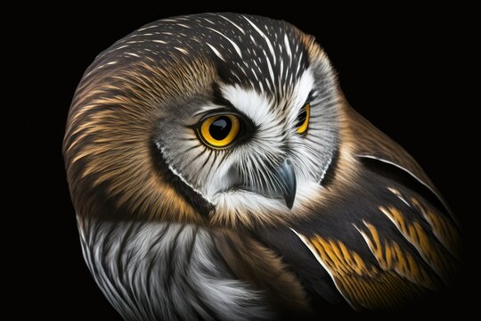 A stunning close up of a northern saw whet owl on a black backdrop. Generative AI