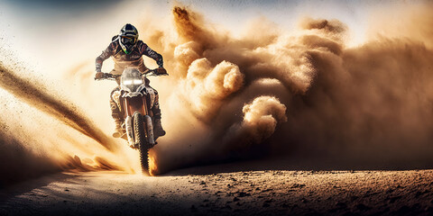 Banner Motocross extreme active sport. Motocross rider in ride sand with dust, sunlight. Generation AI