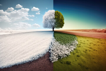 Nature view with half snow and half spring, Symbol of changing seasons