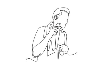 Continuous one line drawing man shaving beard. Healthcare at home concept. Single line draw design vector graphic illustration.