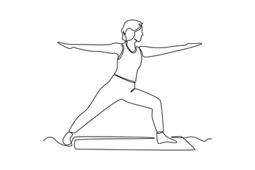 Continuous one line drawing happy woman yoga at home. Healthcare at home concept. Single line draw design vector graphic illustration.