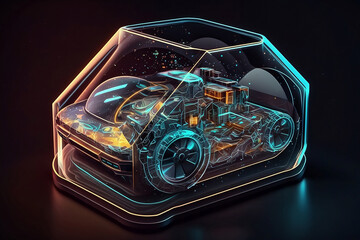Concept of smart car technology. Car isometric hologram, in HUD style. Electric auto. Hologram car in low poly style. Futuristic car concept with dashboard speedometer, diagnostics. Generative AI.