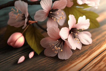 Pink cherry flowers against a soft wooden background
