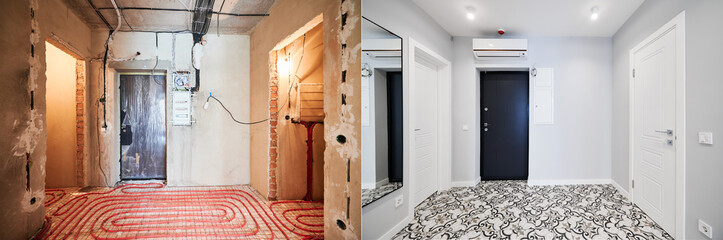 Comparison of old flat with underfloor heating pipes and new renovated apartment with modern interior design. Hallway with heated floor before and after renovation.