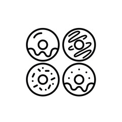 Assortment of donuts. Glazed, sprinkled and frosted. Work or children party sweet treats. Pixel perfect, editable stroke