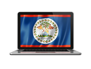 Belize flag on laptop screen isolated on white. 3D illustration