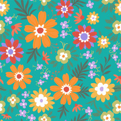 Obraz premium A pattern of orange-red, green and purple flowers with green leaves on an emerald background. Cute floral aesthetic composition for wallpaper, print, poster, postcard, phone cases, banner, fabric, tex