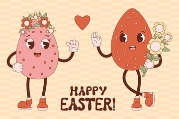 Retro cartoon character enamored couple easter eggs with flower power. Groovy vintage cute mascots. Vector illustration. Happy Easter greeting card.