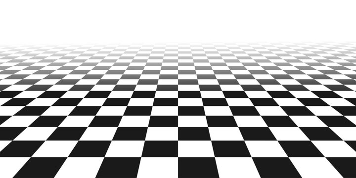 Chess Perspective Floor Background. Black And White Chessboard Perspective Floor Texture. Checker Board Pattern Surface. Fading Away Vanishing Checkerboard Background. Abstract Vector Illustration.