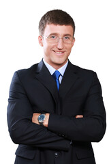 Happy Businessman Standing with Arms Folded and Glasses - Isolated