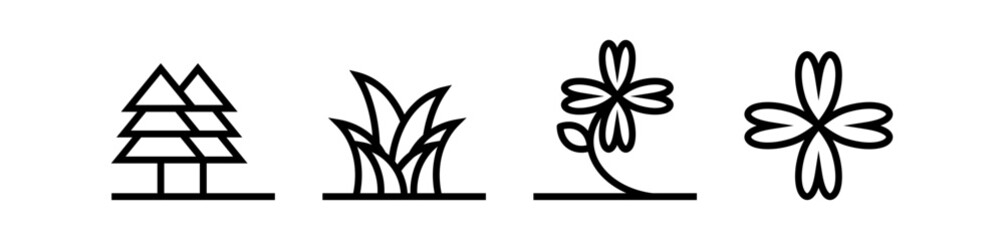 icon line grass leaves, trees, flower, gardening. editable color.