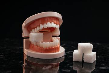 Model of jaw and sugar. Сaries prevention and check-up concept