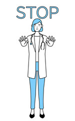 ストップの合図、体の前に手を突き出す白衣を着た女性医師