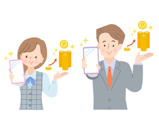 スマホでポイ活の説明をする男女のイラストセット