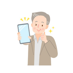 スマホの画面を見せるシニア男性