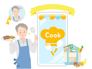 スマホを見ながらハンバーグを作るシニア男性のイメージイラスト