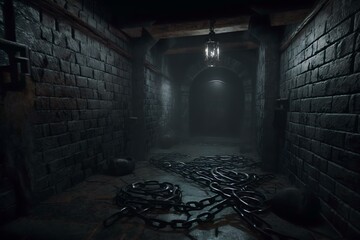 dark dungeon with rusty chains and oppressive atmosphere of despair (AI Generated)