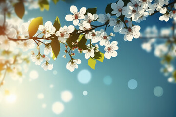 Spring flower background against a blue sky