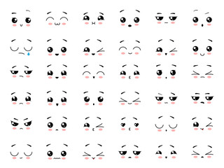 Set of cute kawaii emoticon. Cartoon face collection. Illustration on transparent background