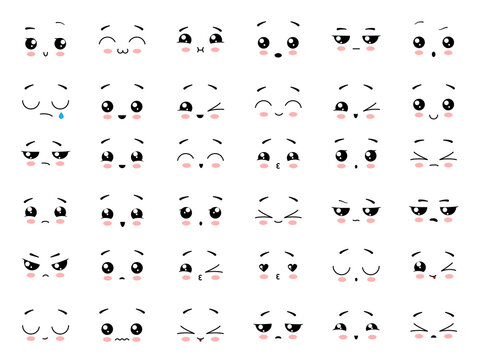 Set of cute kawaii emoticon. Cartoon face collection. Illustration on transparent background