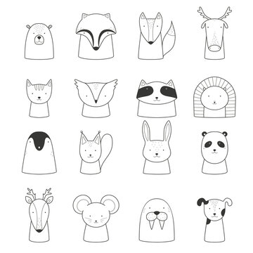 Collection of hand drawn animals isolated on white background. Cute bear, badger, fox, elk, cat, owl, raccoon, hedgehog, penguin, squirrel, hare, panda, deer, mouse, walrus, dog