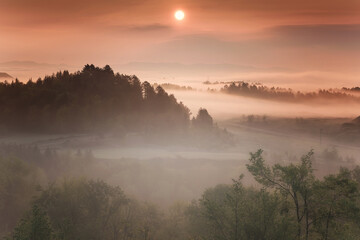 Naklejka premium spring scenery,morning foggy landscape in northeastern Bosnia