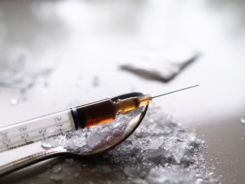 Methamphetamin Drug in Syringe on Spoon,Speed Drug Addiction,Medicine Science Pharmarcy Narcotic,Heroin Amphetamines Dangerous Substanc Abuse Illegal Danger Chemical Concetp.