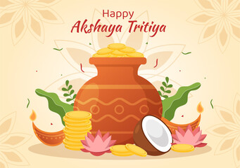 Akshaya Tritiya Festival Illustration with a Golden Kalash, Pot and Gold Coins for Dhanteras Celebration in Hand Drawn for Landing Page Templates