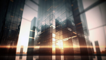 Sunset in the city. Skyscraper with reflection on glass office building. Generative AI