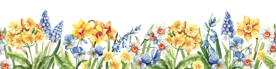 Spring flowers hand drawn watercolor seamless border. Yellow primroses, blue muscari, bluebells, daffodils background.
