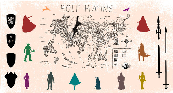 Rollenspiel - handgezeichnete Landkarte und Fantasiefiguren mit Elementen
