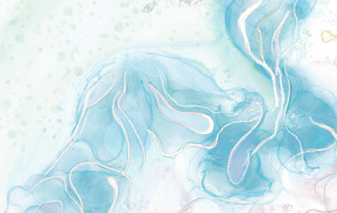 Blue watercolor splash in curves shape, with white glitter curve line.
