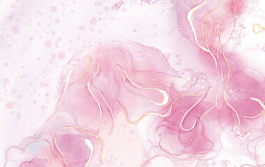 Obraz na płótnie Canvas Pink watercolor splash with golden glitter lines.
