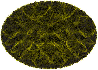 Oval rug ,doormat, mat, carpet with abstract pattern with radial elements in yellow, black colors and grunge rough fringe isolated on white