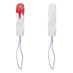 Set of white clean sanitary tampon and bloodstained tampon . Women's personal hygiene products.  Watercolor illustration. Isolated. © Fedulova_art