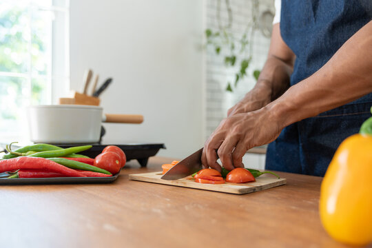 Young smart Asian man wearing apron in kitchen prepping vegetables and slicing tomatoes in online cooking prep for the health and happiness of loved ones in their own homes.