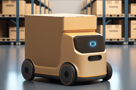 Artificial Intelligence, Autonomous Robot of Warehouse Logistic, Smart Automated Delivery Vehicle in Modern Storehouse Shipping, with Robot Carrier Carrying Cardboard Box is a Concept Industry 4.0 Rob