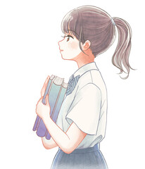 教科書・参考書を持って前を向く高校生の水彩イラスト