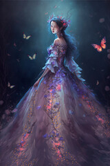 Fototapeta na wymiar woman in a purple dress surrounded by butterflies. generative ai.