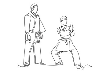 Continuous one line drawing Trainer is training children in karate class. Class in action concept. Single line draw design vector graphic illustration.