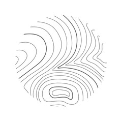 Round shape with topographic or wooden texture. Hand drawn terrain contour. Graphic relief sketch stamp isolated on white background. Vector graphic illustration.