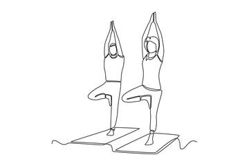 Continuous one line drawing yoga class session. Class in action concept. Single line draw design vector graphic illustration.