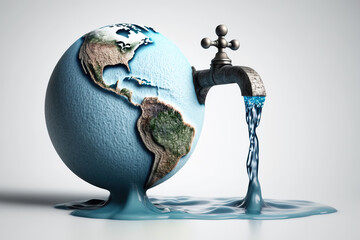 World Water Day Concept. Tap with flowing water from planet Earth on white baclground, Every Drop Matters, Saving water, World environmental protection concept  Ai generative