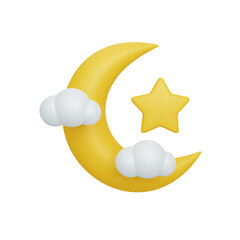 3d rendering crescent moon and star with cloud isolated. useful for islam ramadan design