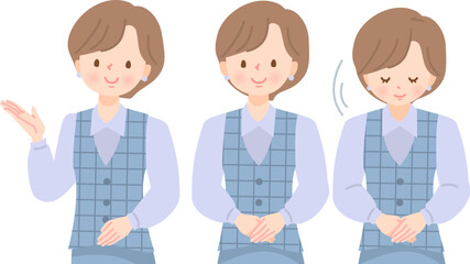 挨拶をするポーズの女性の表情セット