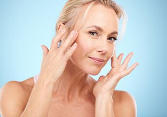 Woman, portrait and facial beauty to touch skincare, mockup and blue background for wellness...