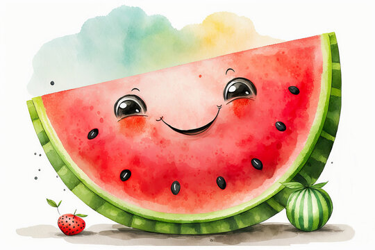 Watercolor cute smiling watermelon cartoon character. Generative Ai
