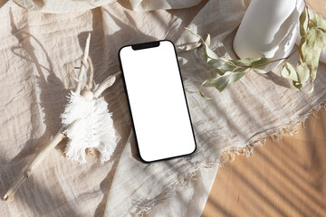 Phone on table with eucalyptus and branches